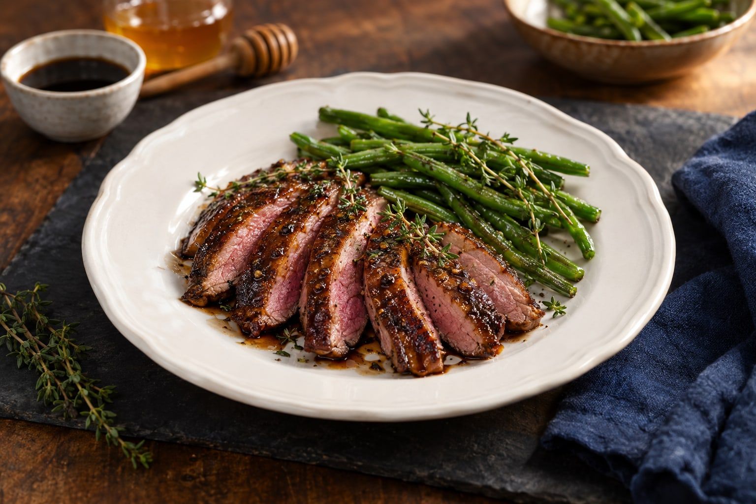 Aiguillettes de canard au air fryer, lanières glacées miel-balsamique à la chair rosée, sur une assiette avec haricots verts