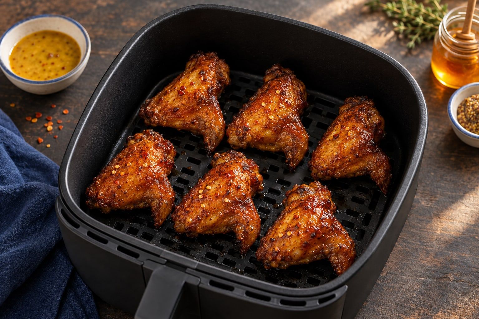 Ailes de poulet au air fryer, peau acajou luisante de glaçage au miel, disposées dans le panier