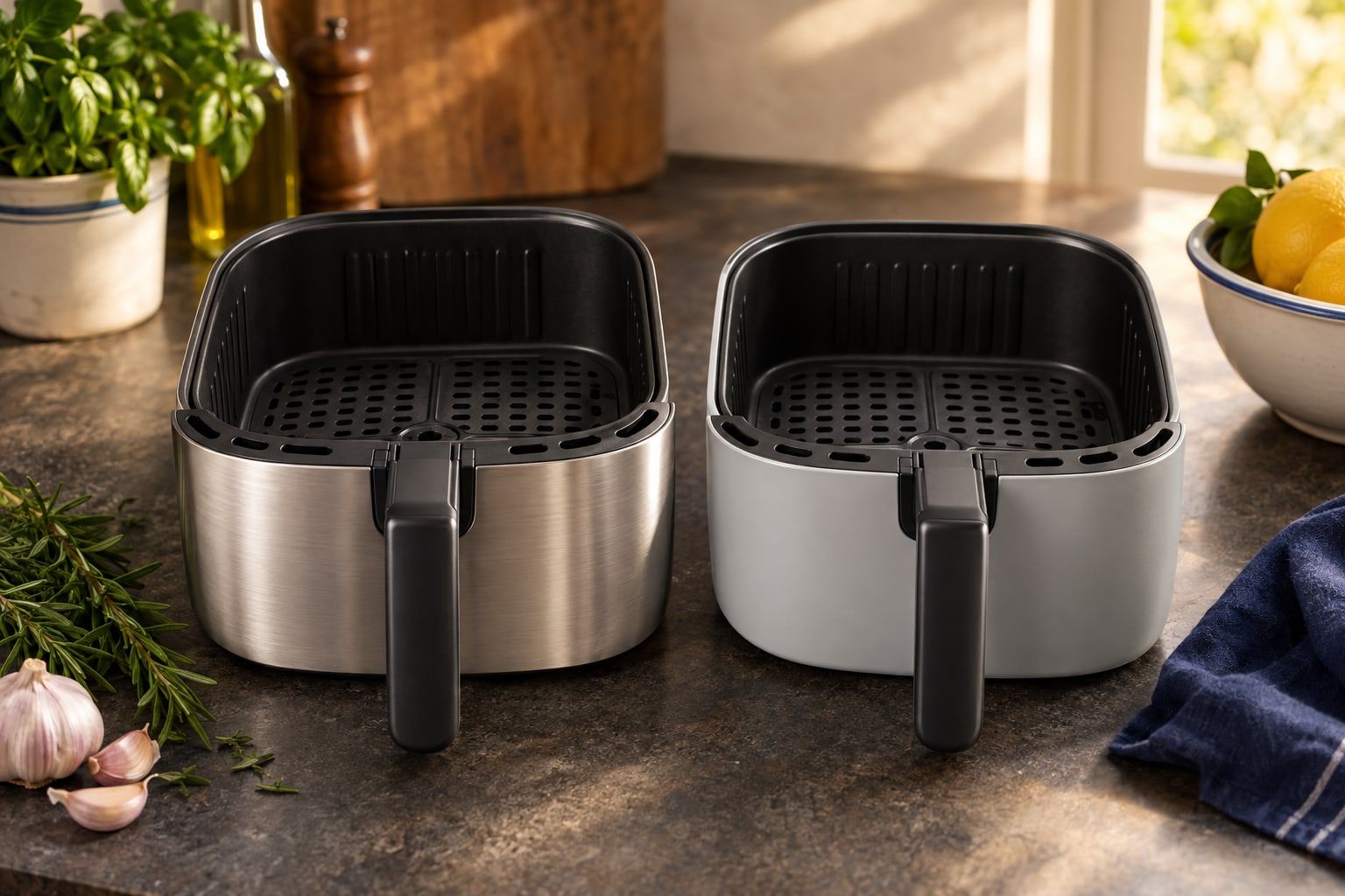 Air fryer cuve inox ou céramique, deux paniers côte à côte, l’un en métal brossé, l’autre à revêtement gris clair
