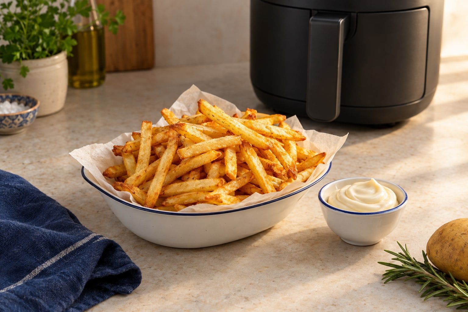 Friteuse air fryer : panier de frites dorées posé à côté d’un bol de sauce sur un plan de travail clair