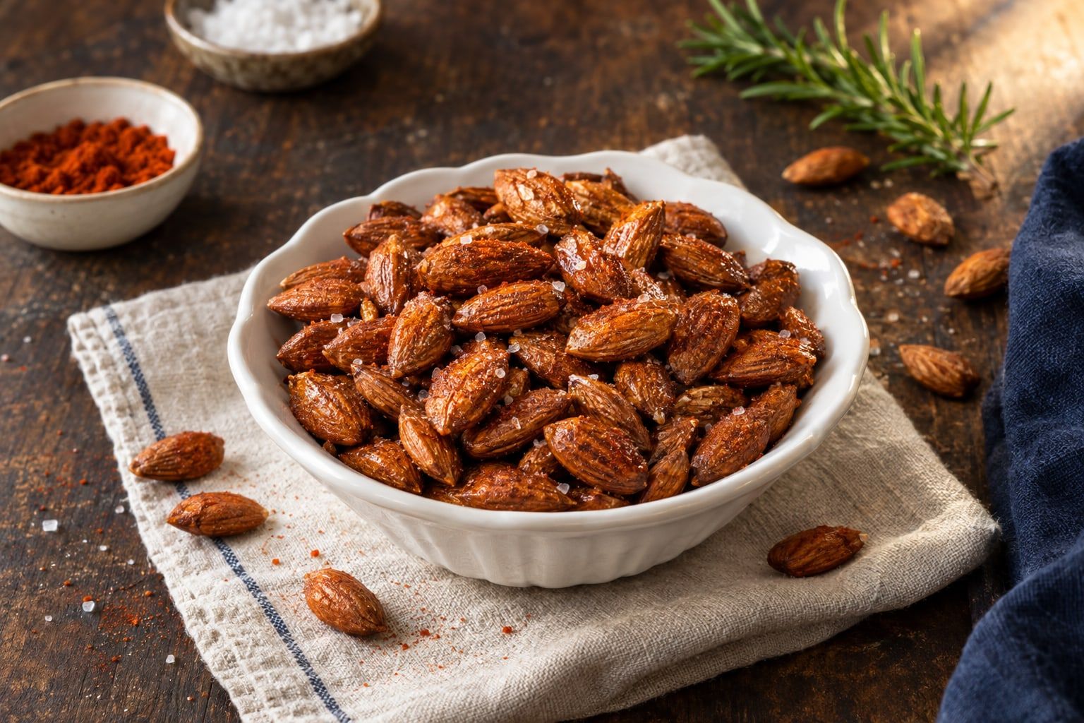 Amandes grillées au air fryer, entières et dorées dans un petit plat blanc