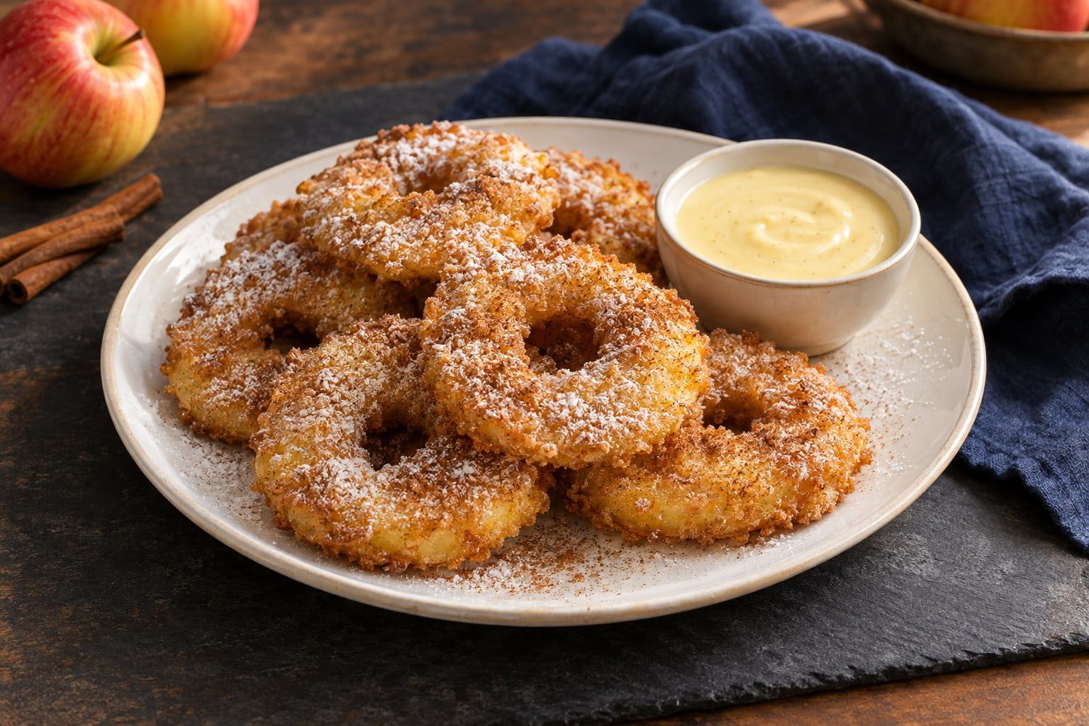 Beignets aux pommes au air fryer, rondelles panées dorées saupoudrées de sucre glace sur une assiette blanche