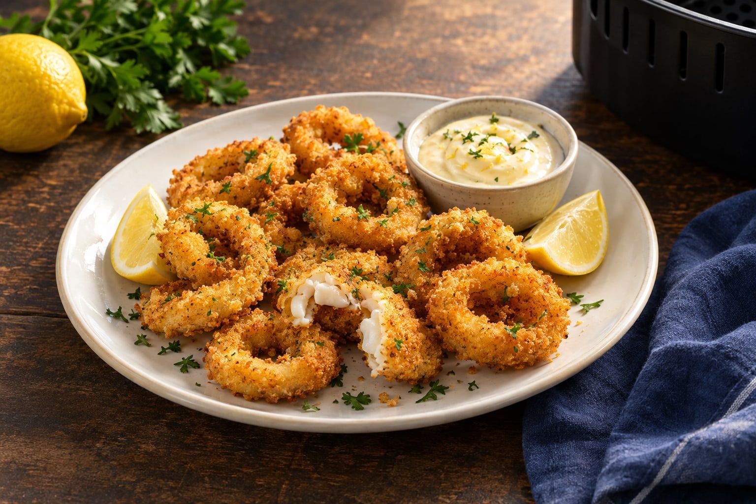 Beignets de calamars au air fryer, anneaux panés dorés dont un ouvert, avec citron et mayonnaise citronnée
