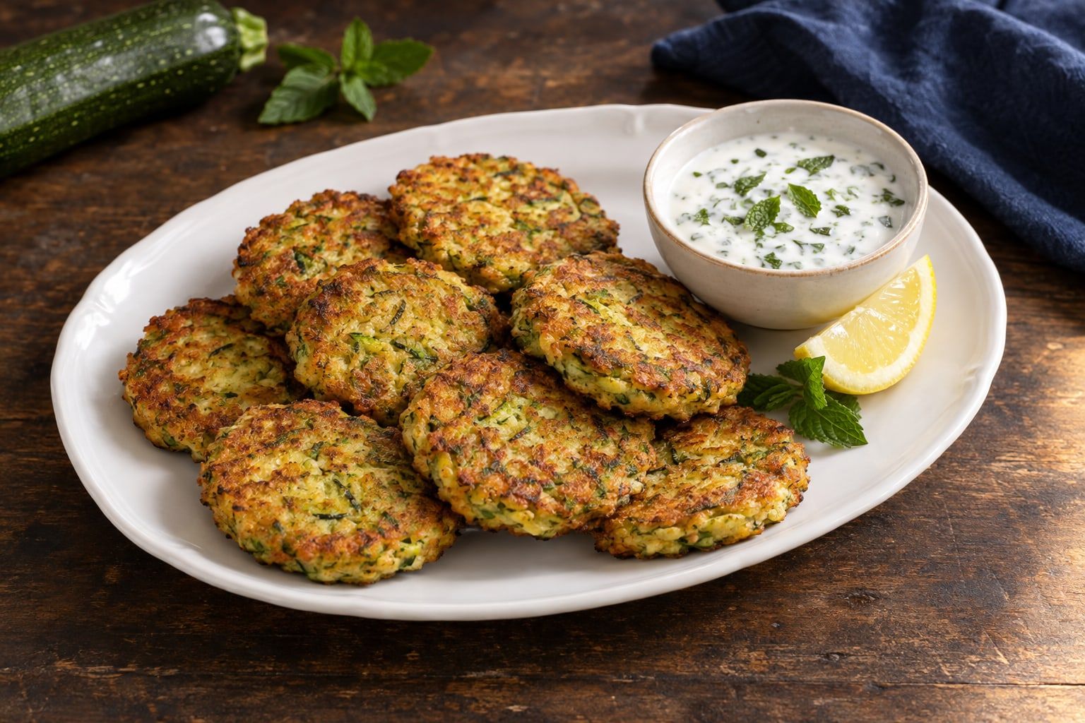 Beignets de courgettes au air fryer, galettes dorées parsemées de courgette râpée, avec une sauce au yaourt et à la menthe