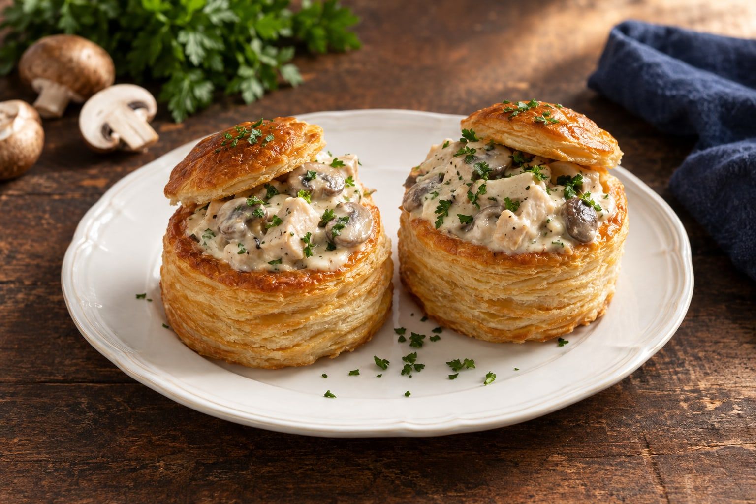 Bouchées à la reine au air fryer, croûtes feuilletées dorées garnies de poulet et champignons à la crème