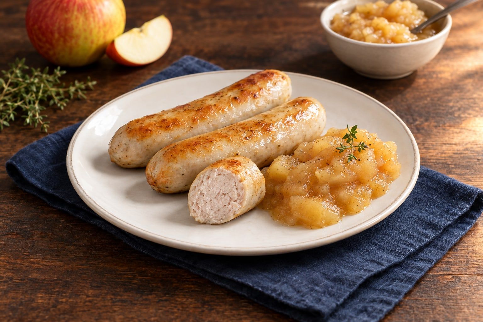Boudin blanc au air fryer, peau légèrement dorée, chair blanche et fine, servi avec de la compote de pommes