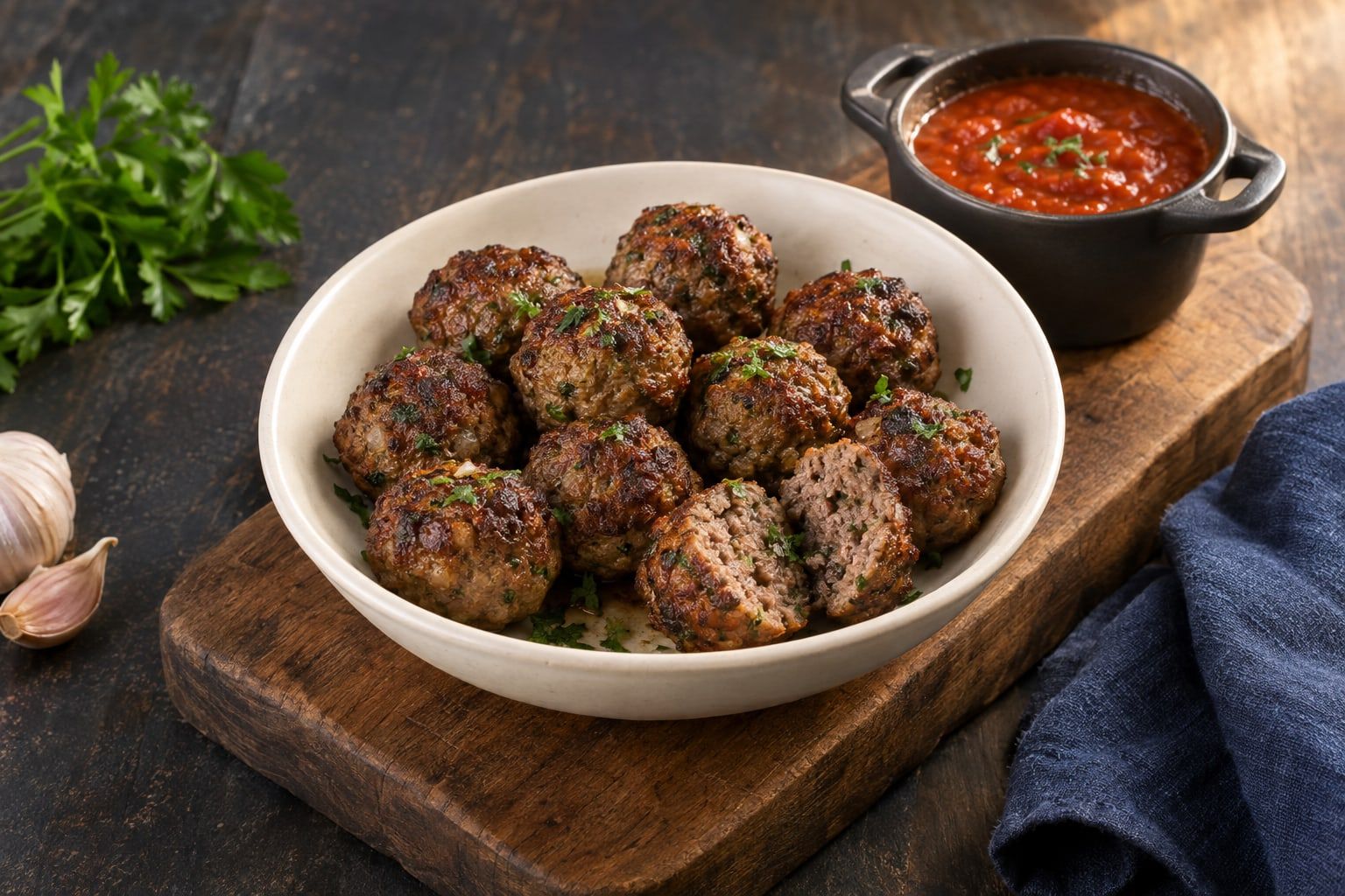 Boulettes de viande au air fryer, dorées et coupées en deux, avec du persil et de la sauce tomate