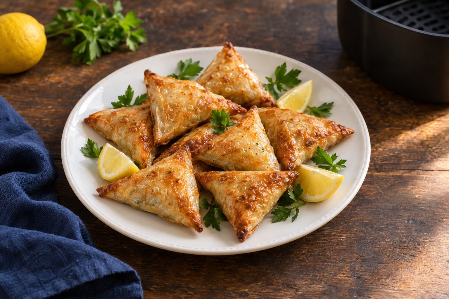 Bricks au air fryer, petits triangles dorés et croustillants servis avec des quartiers de citron