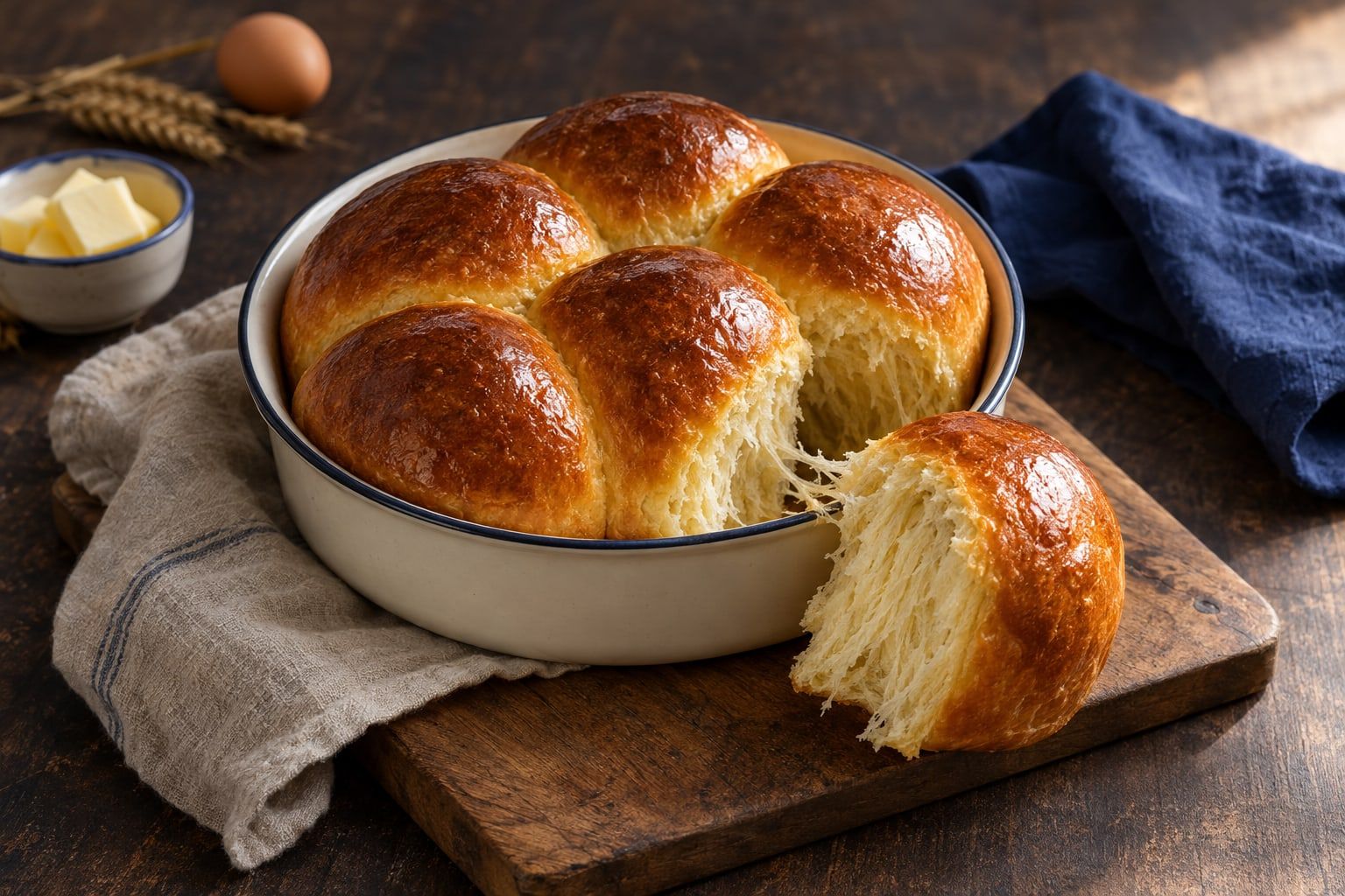 Brioche au air fryer, six boules dorées et brillantes cuites ensemble, une boule détachée montrant la mie filante, sur une planche en bois