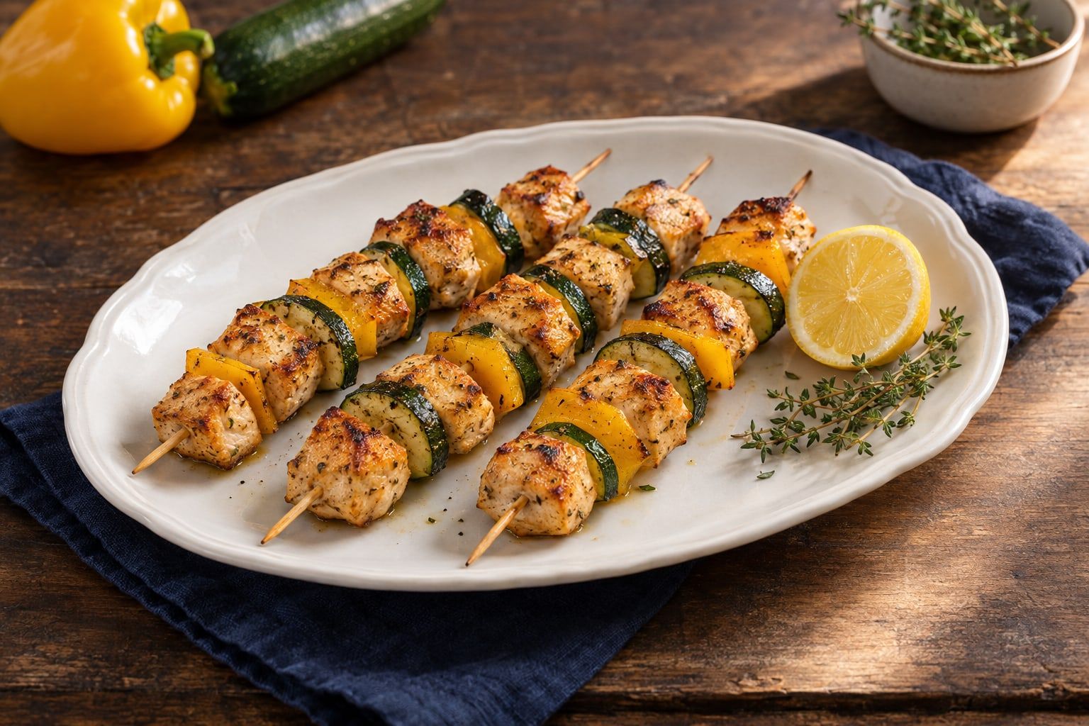Brochettes de poulet au air fryer, dés dorés alternés avec poivron jaune et courgette, sur un plat blanc