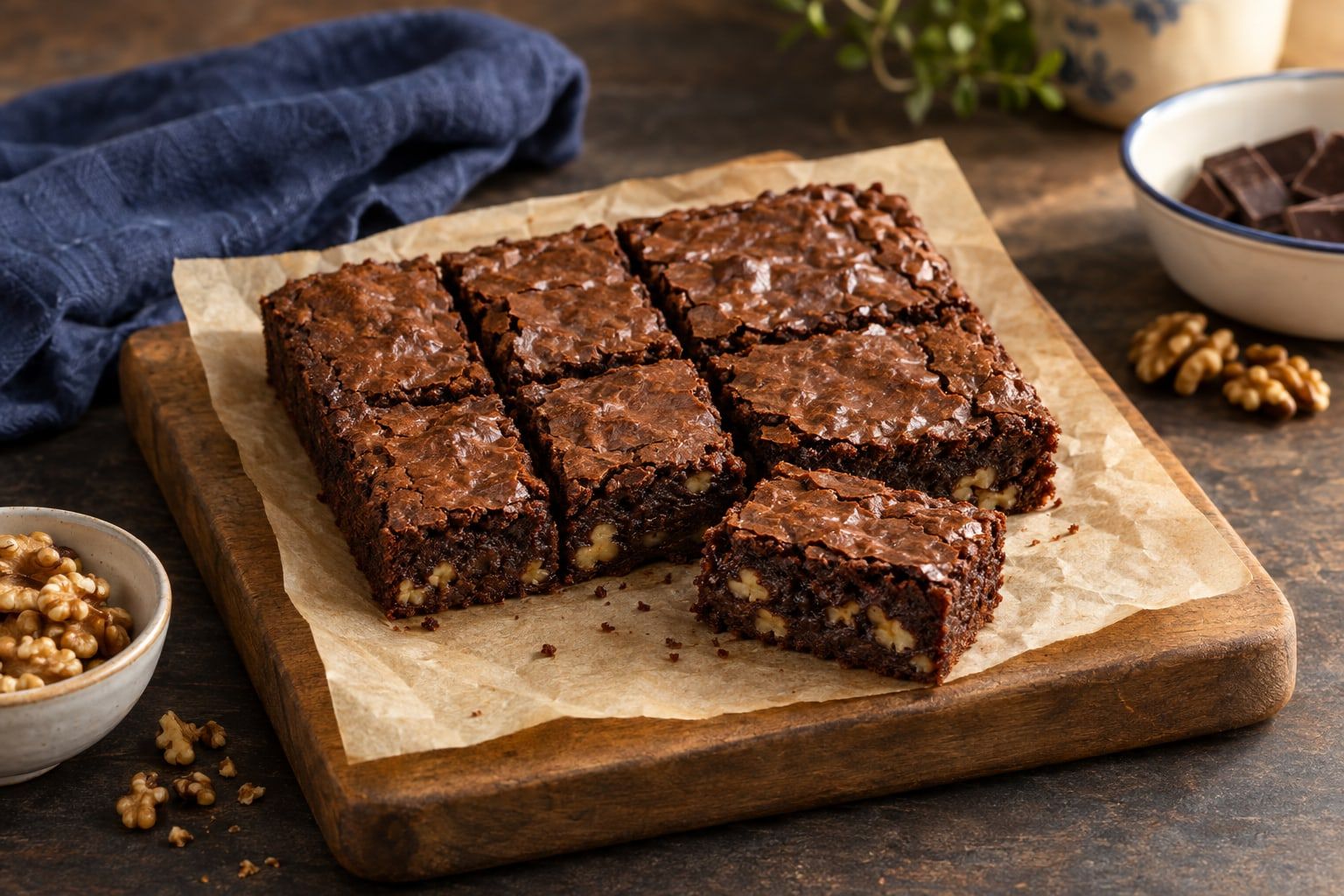 Brownies au air fryer, carré de brownie au chocolat et aux noix découpé en rectangles sur du papier sulfurisé