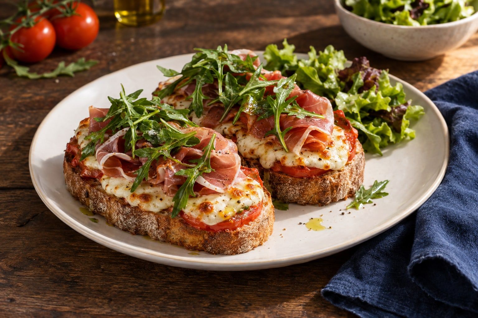 Bruschetta au air fryer, grandes tartines de pain de campagne gratinées à la mozzarella, jambon cru et roquette