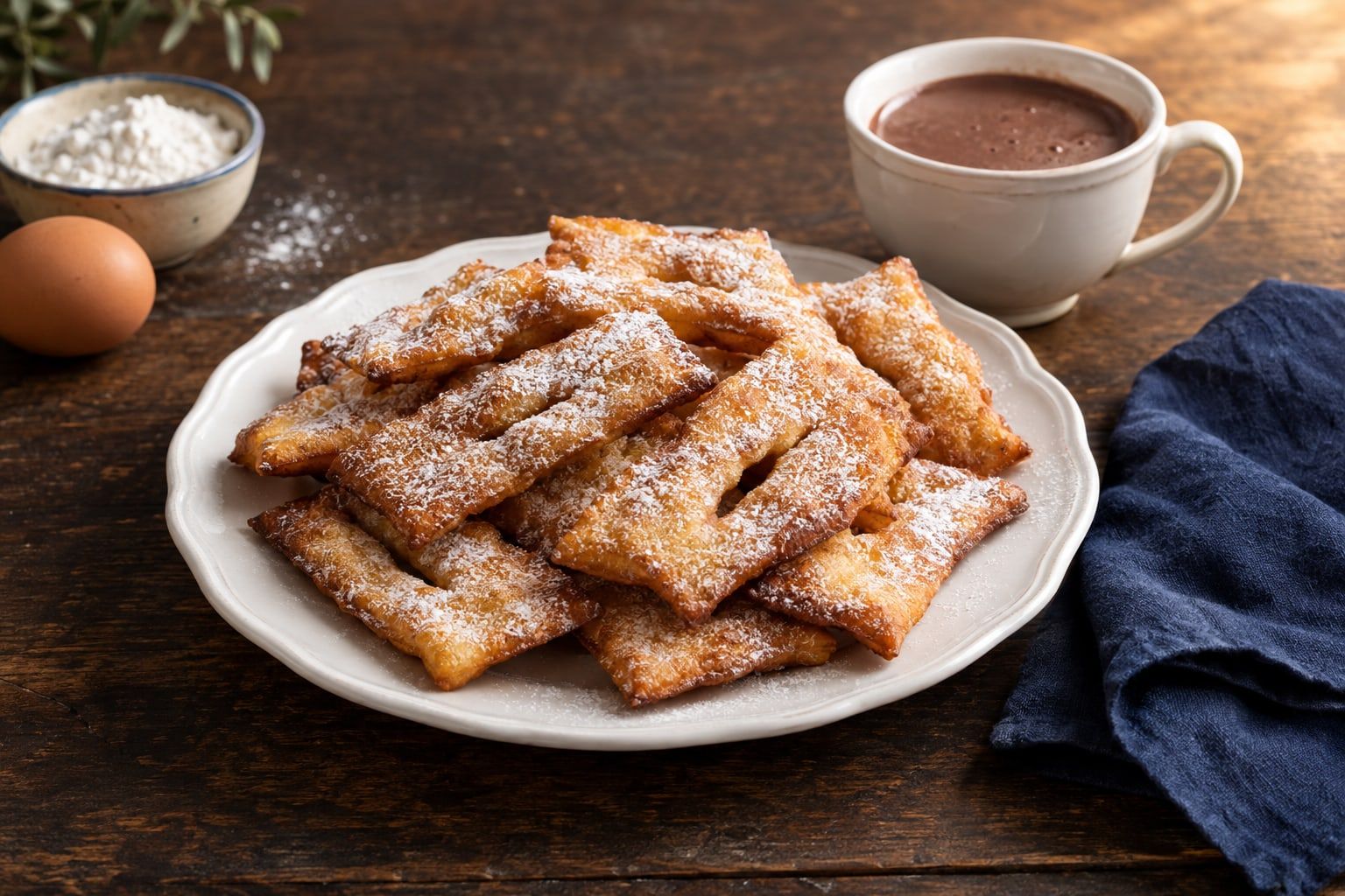 Bugnes au air fryer, rectangles dorés fendus au centre et saupoudrés de sucre glace