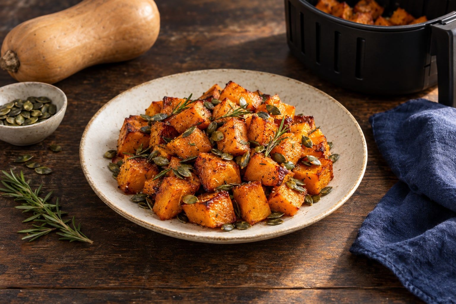 Butternut au air fryer, cubes orange caramélisés aux graines de courge sur une assiette en céramique