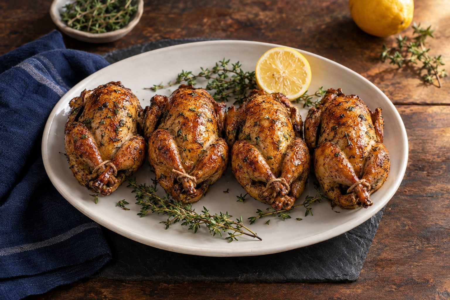 Cailles au air fryer, quatre oiseaux à la peau dorée aux herbes sur un plat rond avec un demi-citron