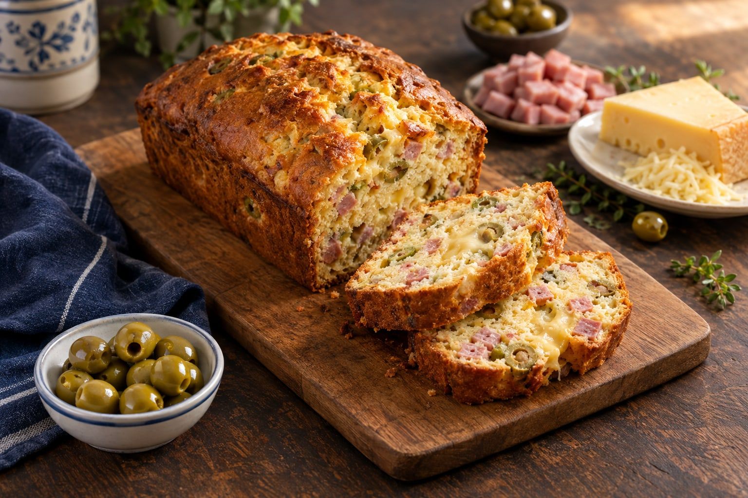 Cake salé au air fryer, cake doré au jambon, aux olives et au gruyère, coupé en tranches épaisses