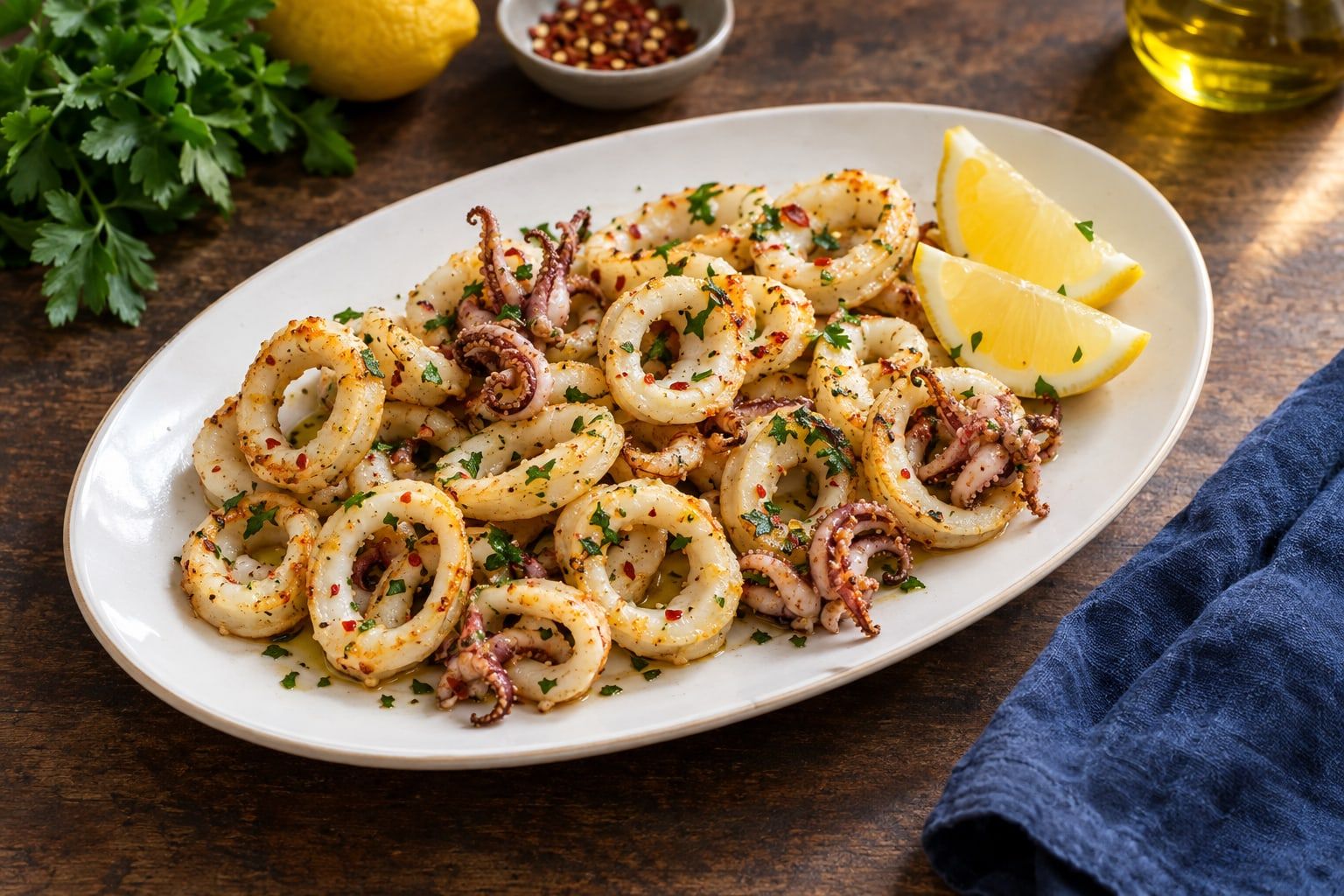 Calamars au air fryer, anneaux et tentacules dorés à la persillade, avec des quartiers de citron