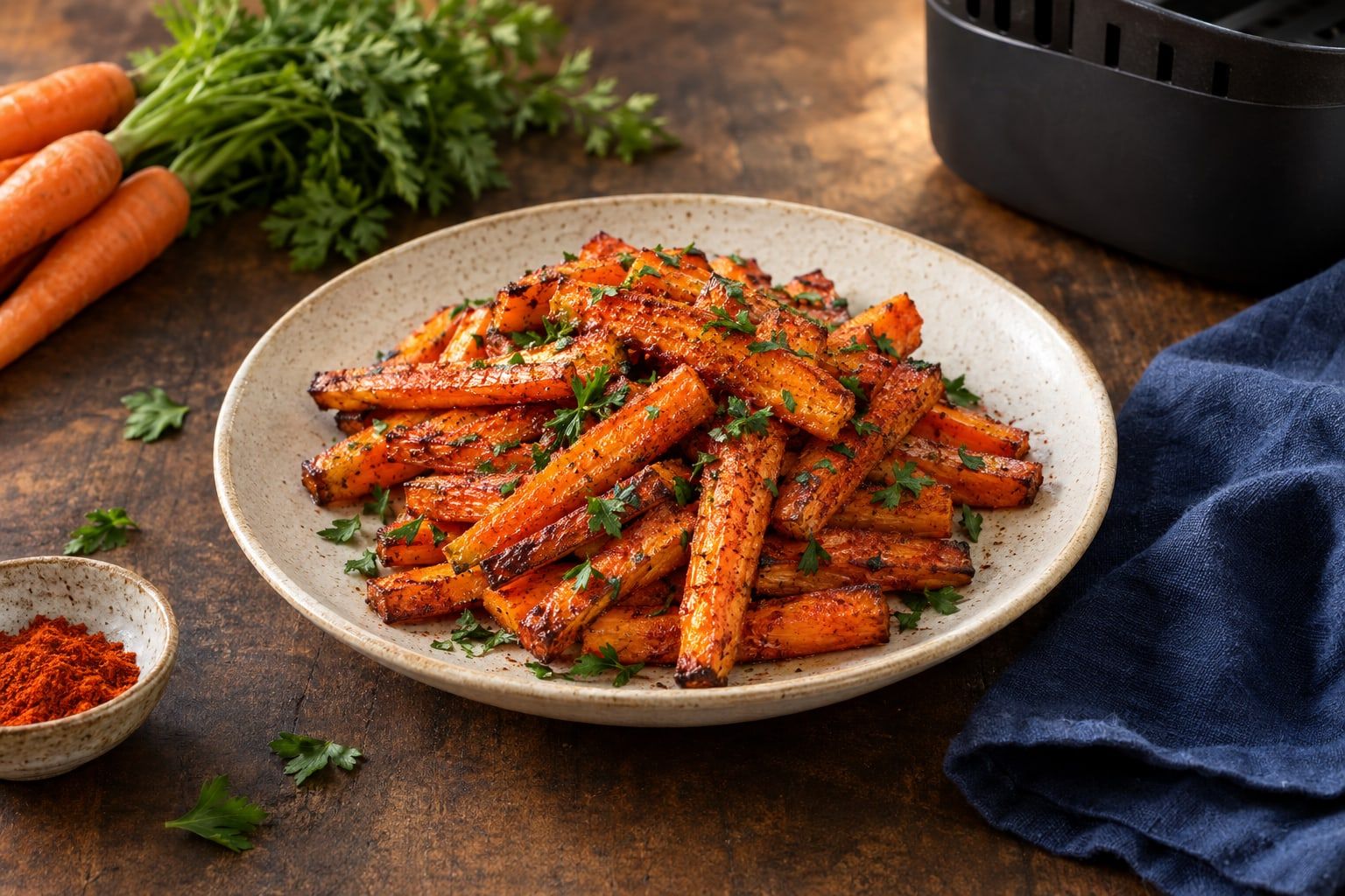 Carottes au air fryer, bâtonnets rôtis aux bords caramélisés dans une assiette en grès