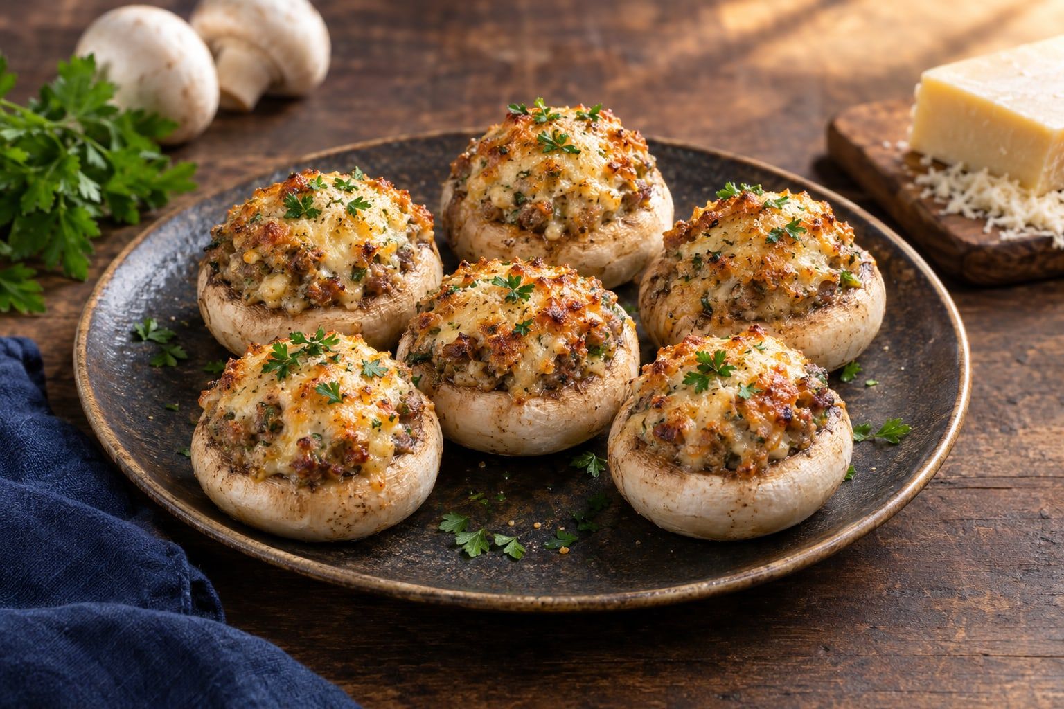 Champignons farcis au air fryer, chapeaux garnis de farce dorée et de gruyère gratiné sur une assiette en grès sombre