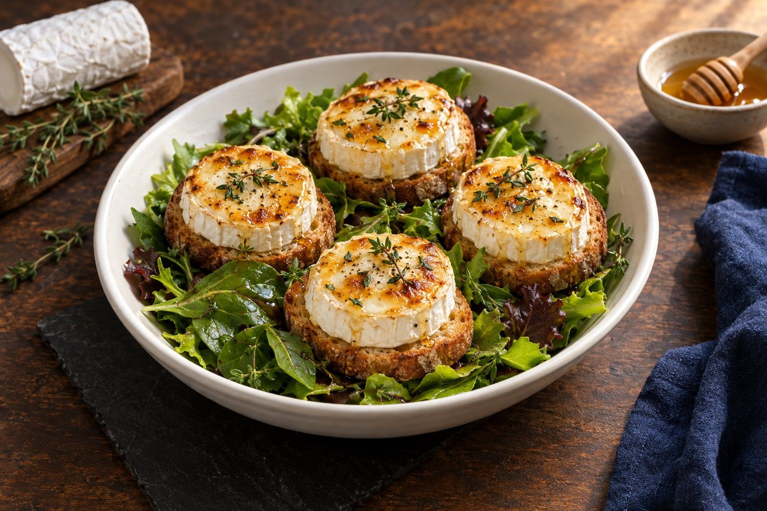 Chèvre chaud au air fryer, quatre toasts de pain de campagne au chèvre doré, miel et thym sur un lit de salade