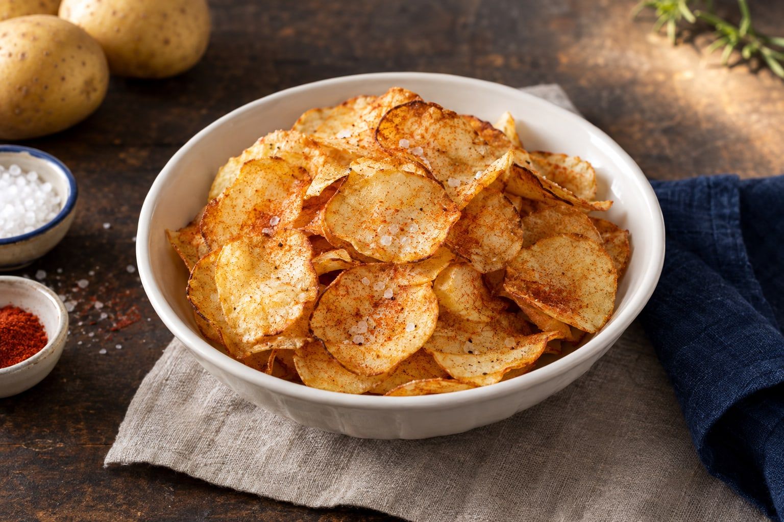 Chips maison au air fryer, tranches fines dorées et paprikées dans un bol blanc