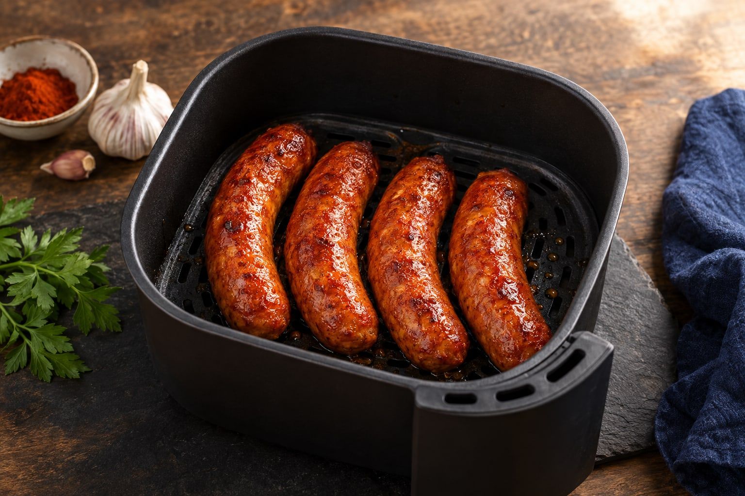 Chorizo au air fryer, quatre chorizos à cuire rouge orangé à la peau luisante dans un panier noir