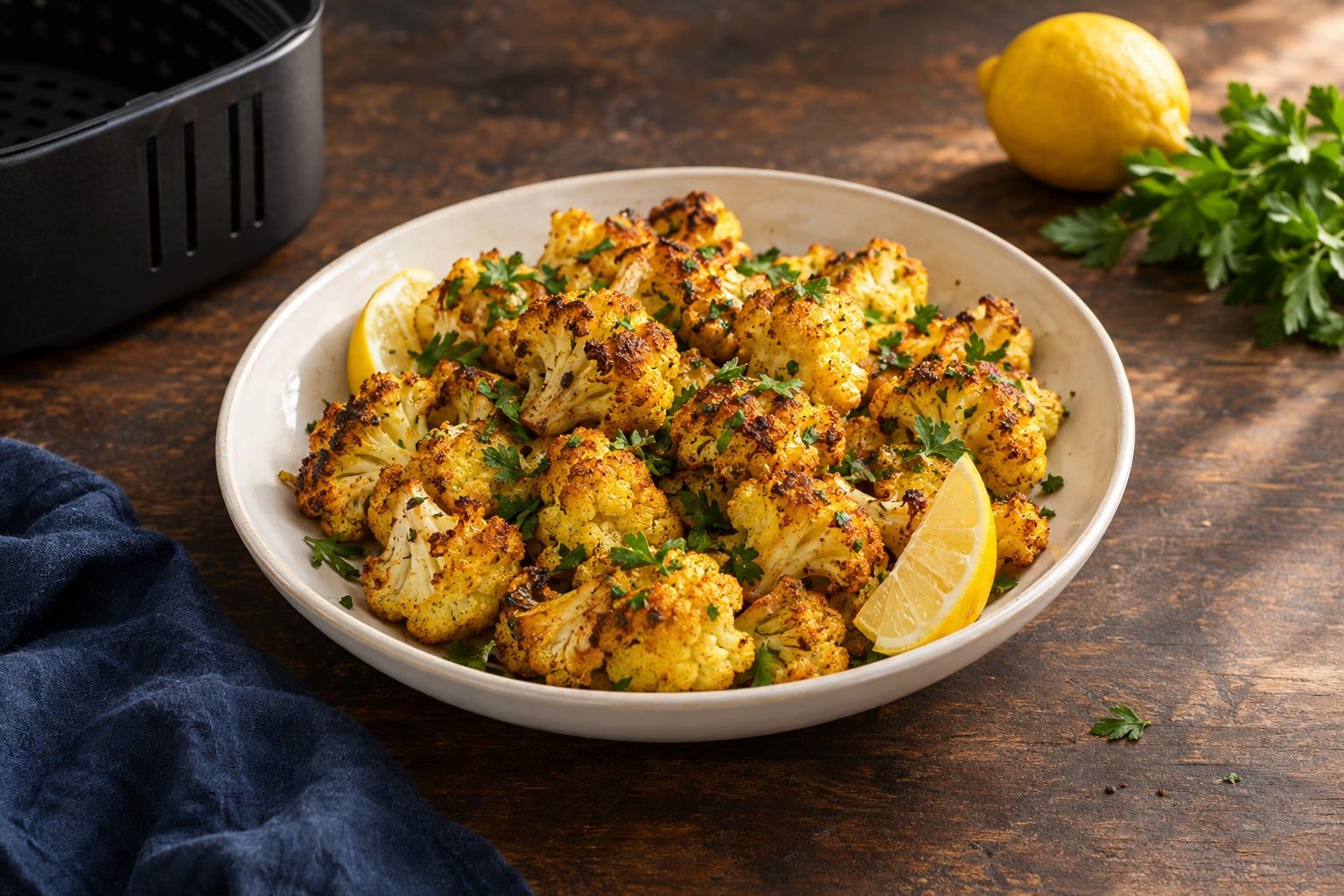 Chou-fleur au air fryer, bouquets dorés au curcuma et au citron dans un plat blanc