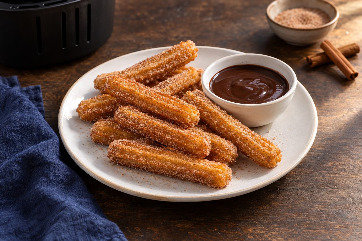 Churros au air fryer, bâtons dorés striés roulés dans le sucre cannelle avec une sauce au chocolat