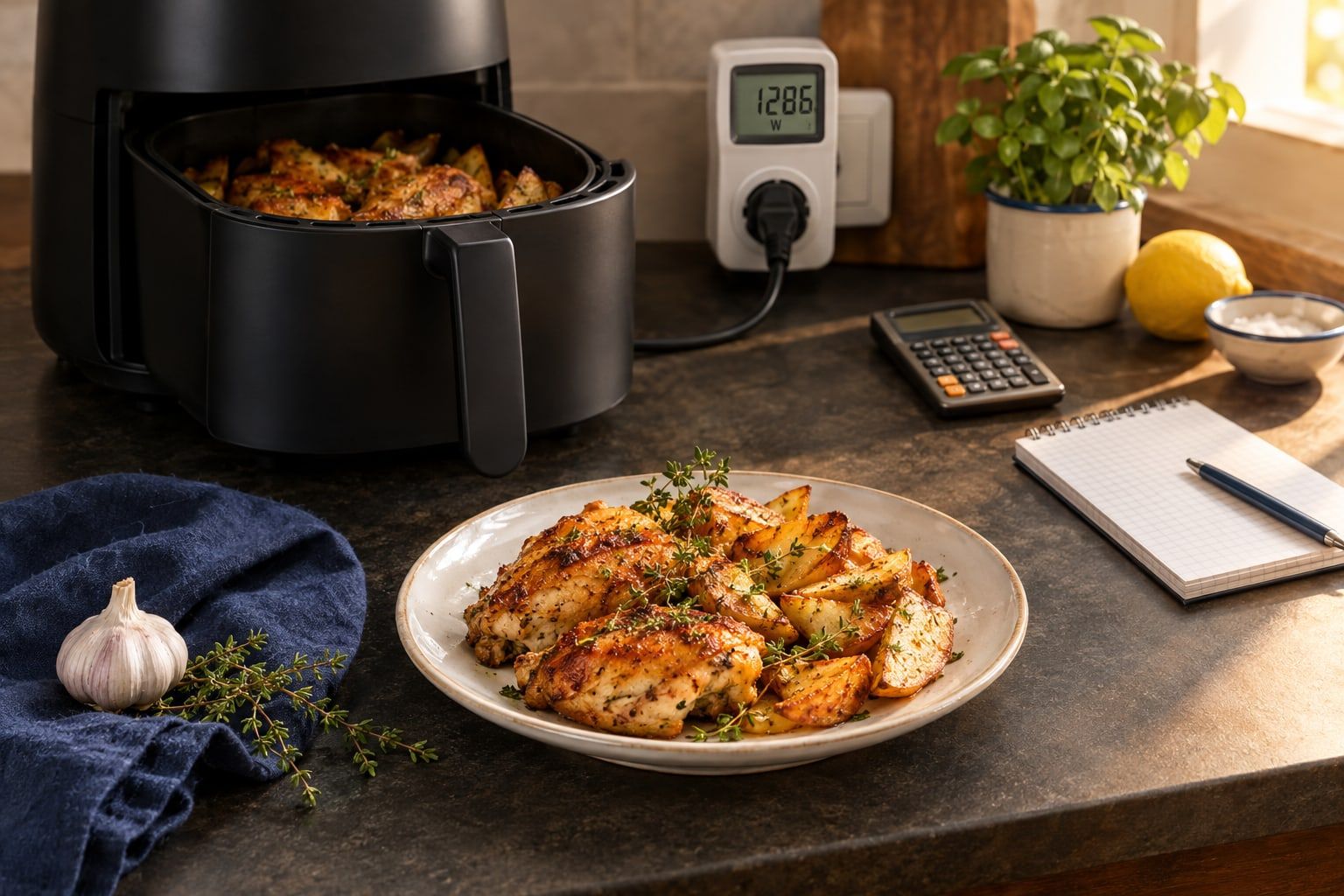 Consommation air fryer, appareil branché sur un wattmètre qui affiche la puissance, à côté d’une calculatrice