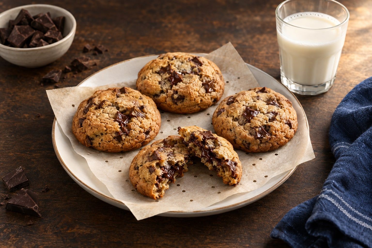 Cookies au air fryer, quatre cookies dorés aux pépites de chocolat dont un coupé en deux sur du papier perforé