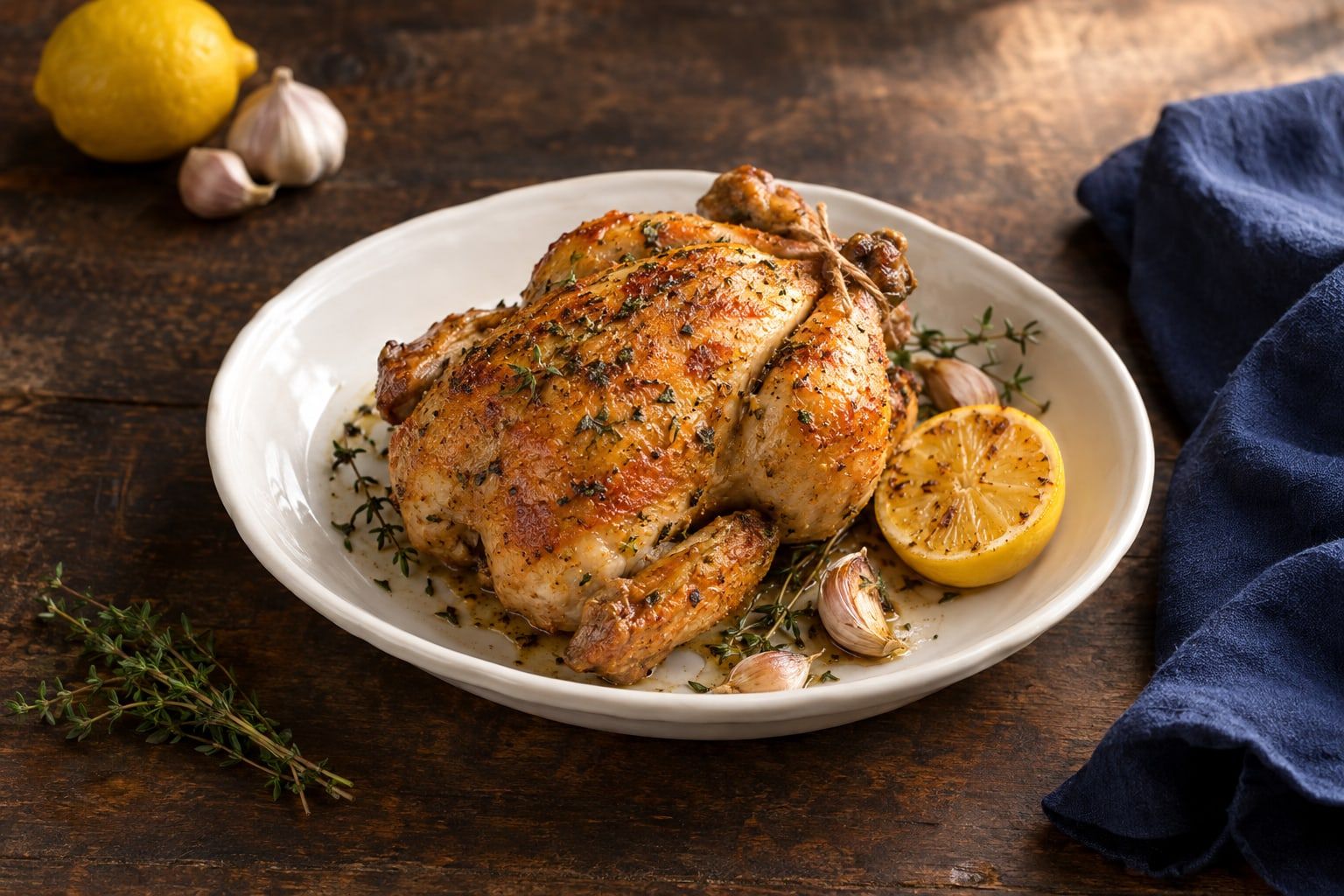 Coquelet au air fryer, peau dorée au thym, posé sur un plat ovale avec un demi-citron