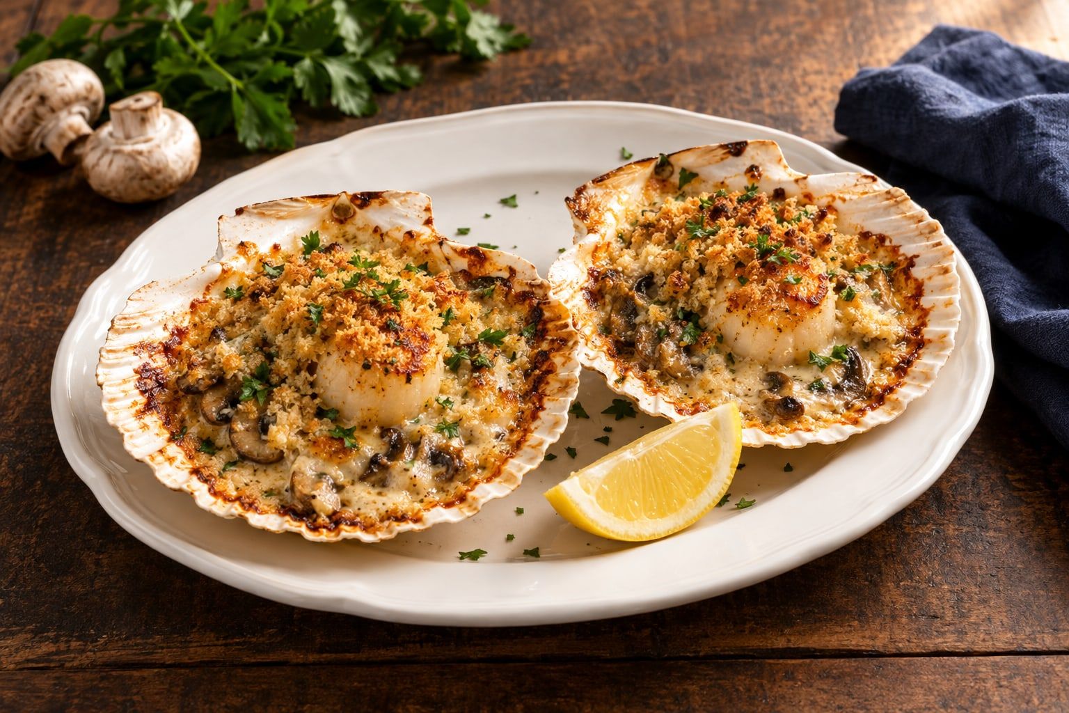 Coquilles Saint-Jacques surgelées au air fryer, deux coquilles gratinées au persil sur une assiette blanche