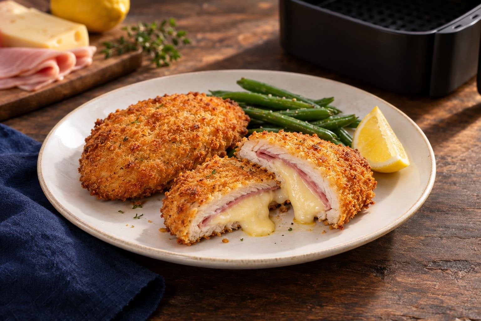 Cordon bleu au air fryer, panure dorée et fromage fondant coupé en deux