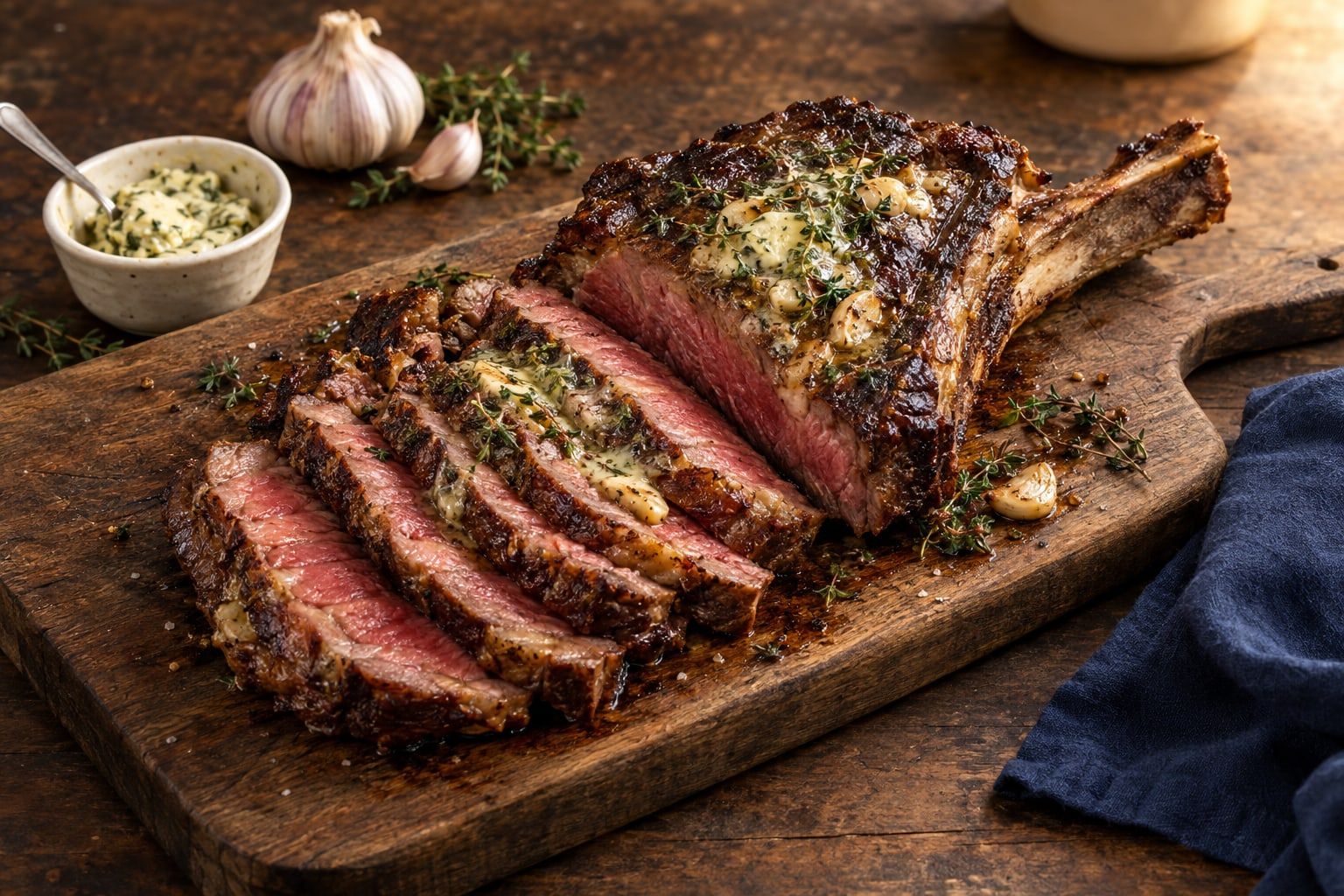 Côte de bœuf au air fryer, tranchée rosée près de l’os, beurre à l’ail et au thym sur une planche