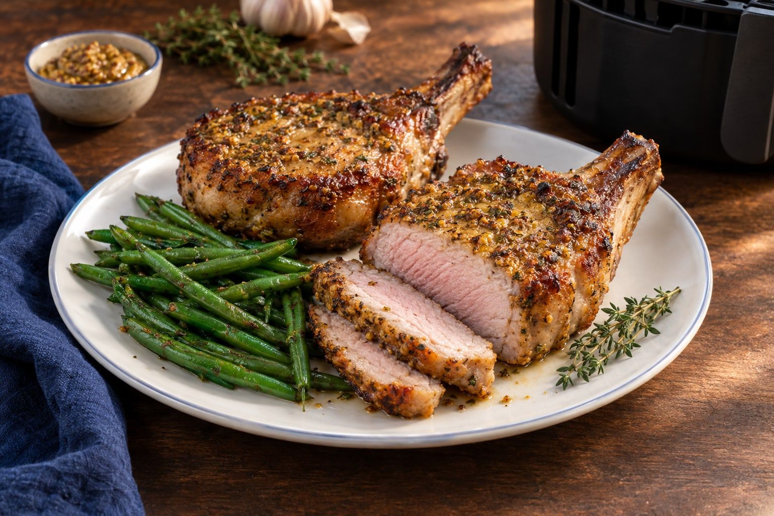 Côtes de porc au air fryer, deux côtes dorées à la moutarde, l’une tranchée, avec des haricots verts sur une assiette blanche