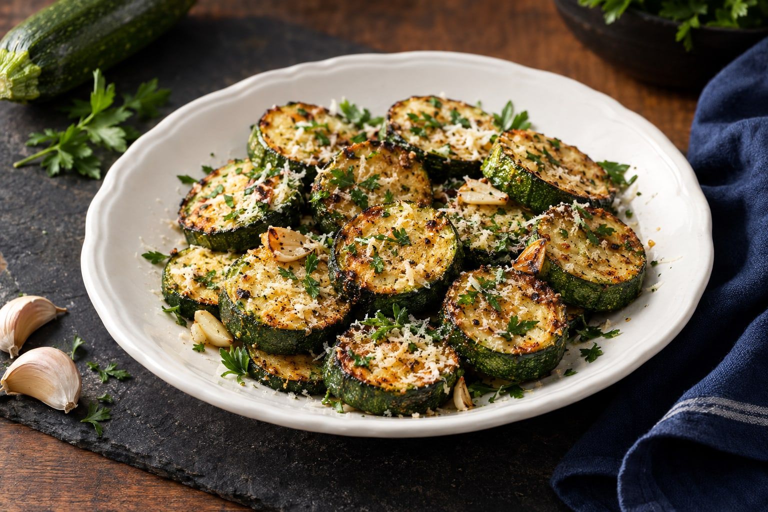 Courgettes au air fryer, rondelles dorées au parmesan dans un plat blanc
