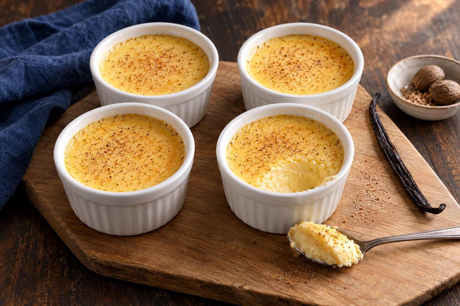 Crème aux œufs au air fryer, quatre ramequins blancs de crème lisse saupoudrée de noix de muscade