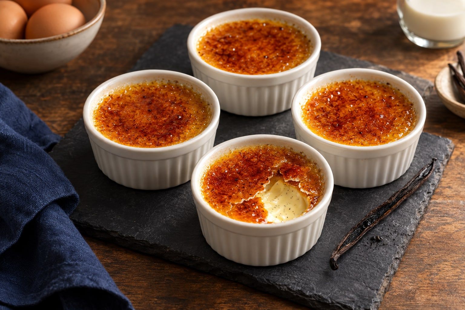 Crème brûlée au air fryer, quatre ramequins blancs à la croûte de caramel fendue sur une crème à la vanille