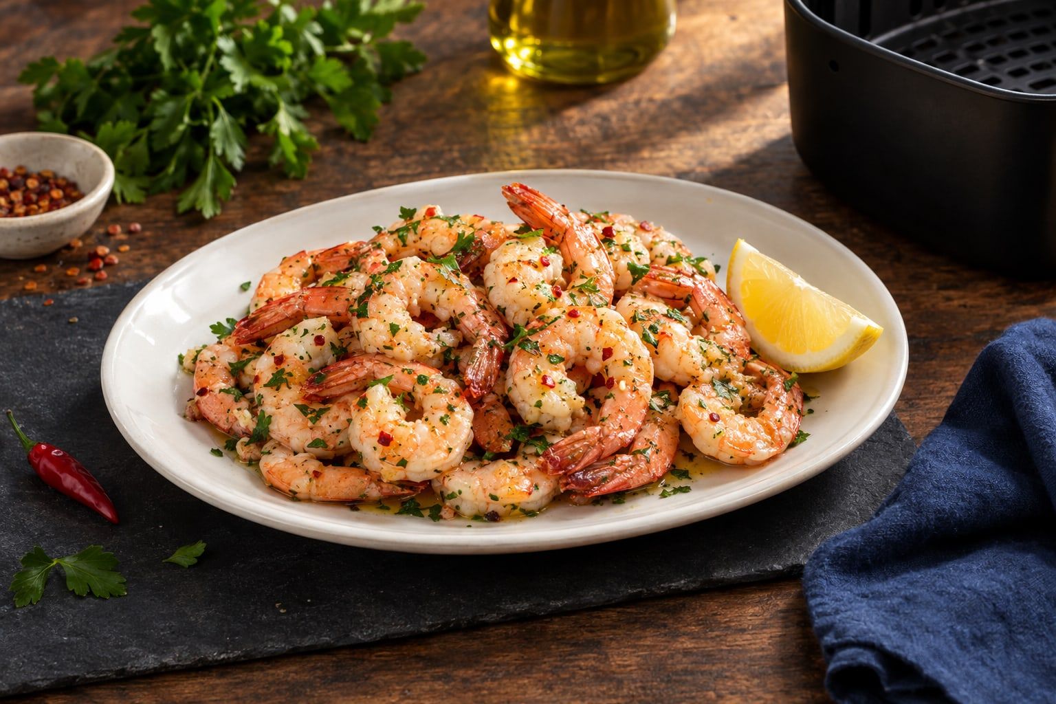 Crevettes au air fryer, décortiquées et rosées, persil et citron sur une assiette ovale