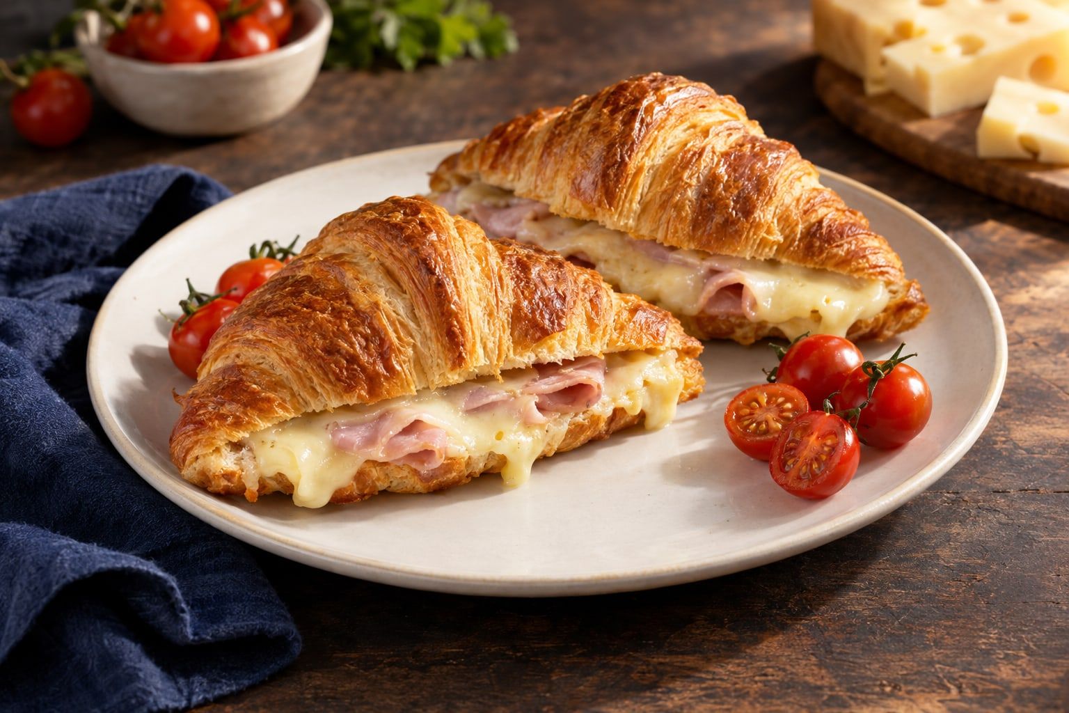 Croissant au jambon au air fryer, deux croissants dorés fourrés de jambon et d’emmental fondu sur une assiette blanche