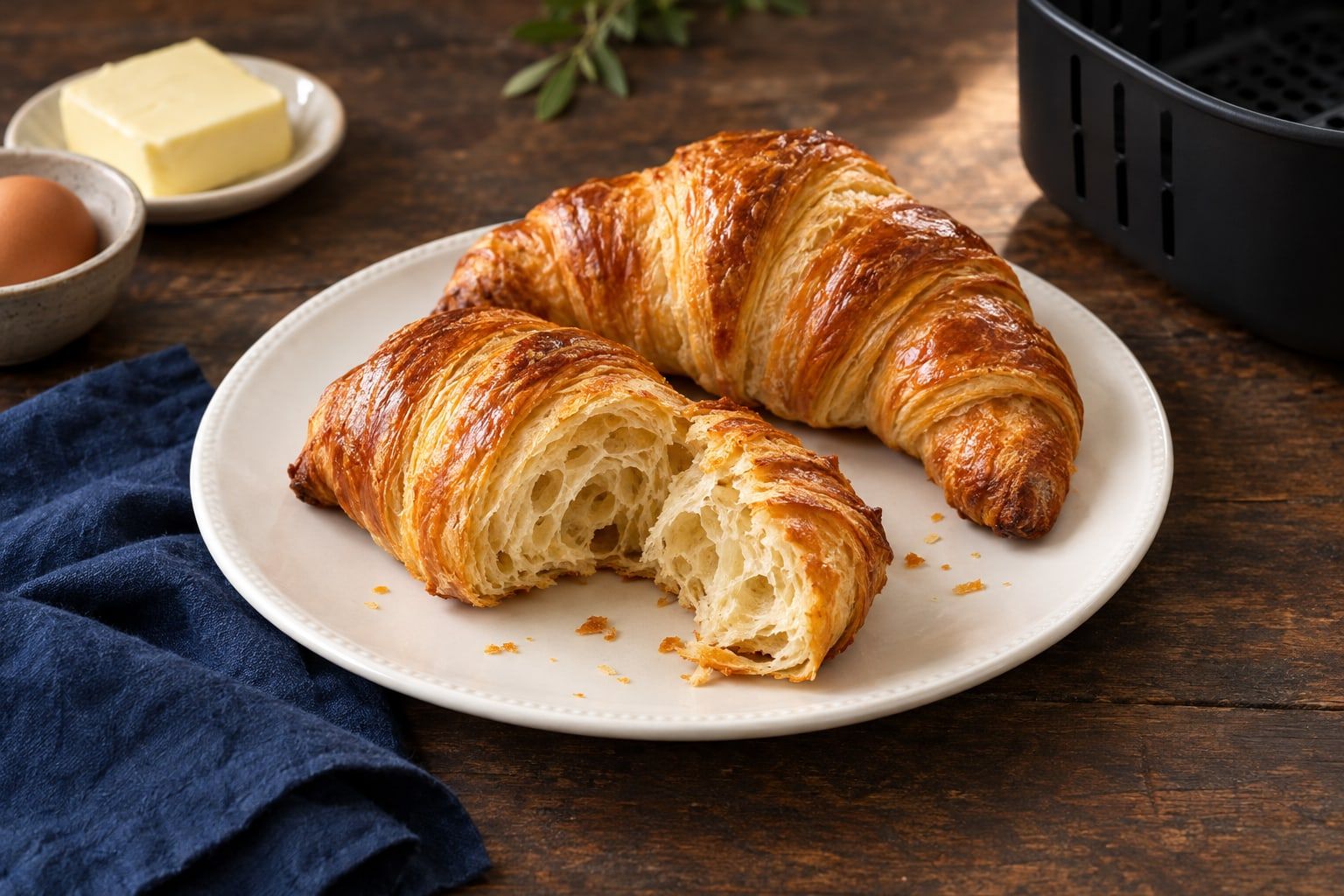 Croissants au air fryer, deux croissants au beurre dorés et brillants, l’un ouvert sur une mie alvéolée, sur une assiette blanche