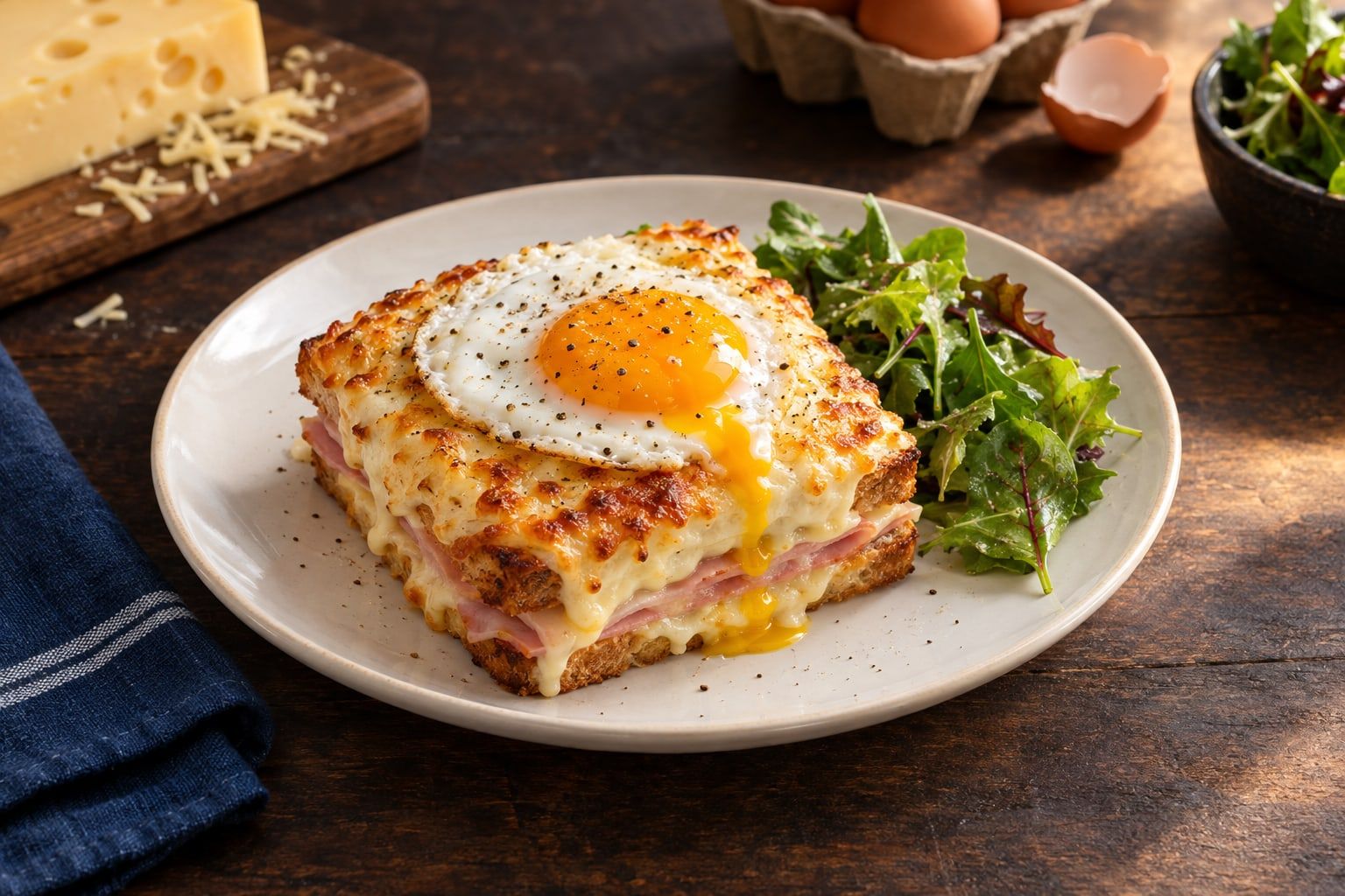 Croque-madame au air fryer, croque gratiné surmonté d’un œuf au plat au jaune coulant, avec un peu de salade