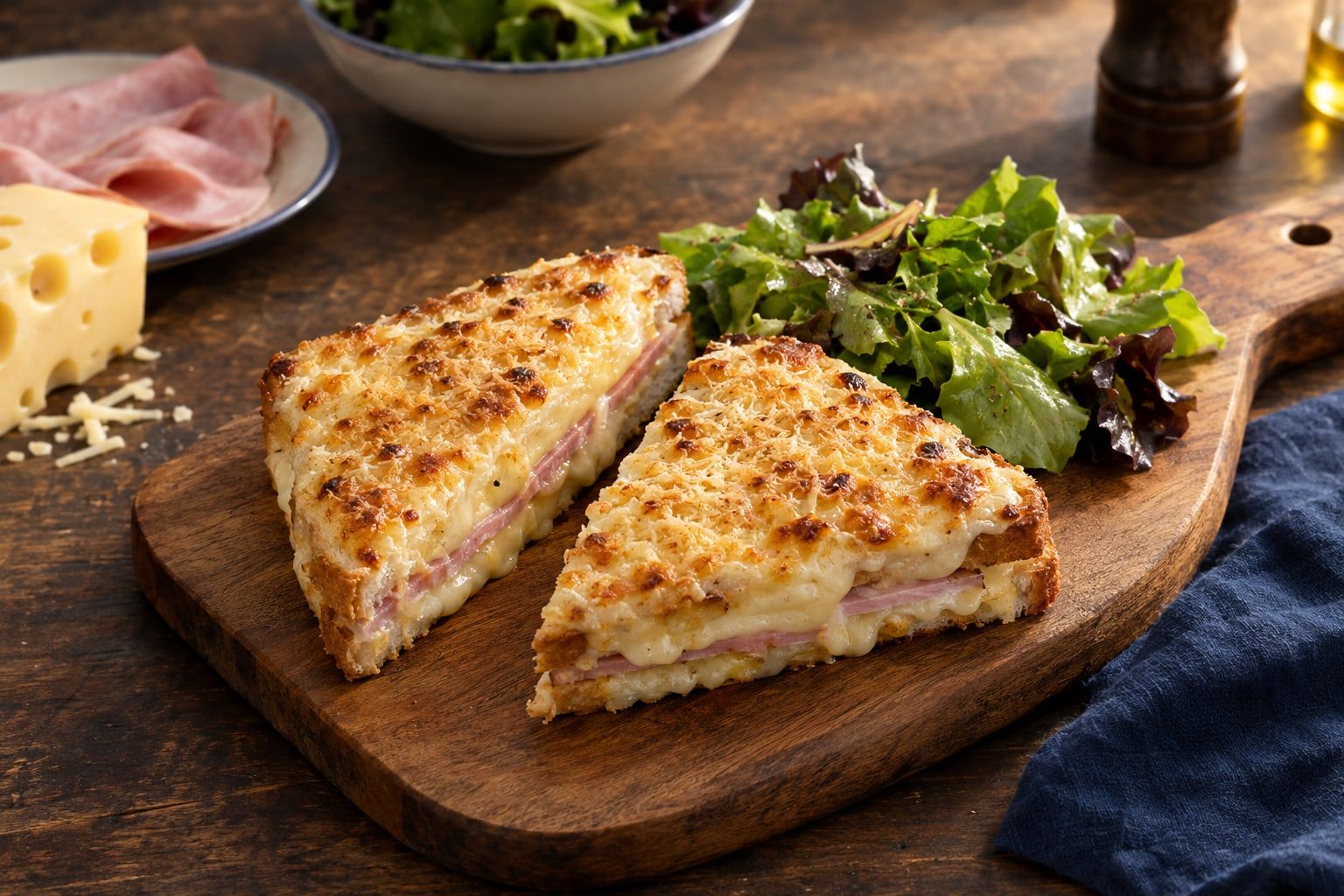 Croque-monsieur au air fryer, deux croques gratinés coupés en triangles sur une planche