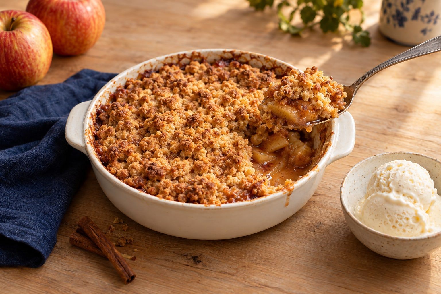 Crumble aux pommes au air fryer, plat rond de crumble doré aux pommes, avec une boule de glace à la vanille