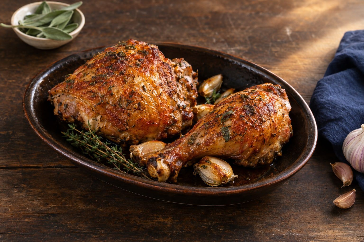 Cuisse de dinde au air fryer coupée en haut de cuisse et pilon, peau dorée à la sauge et au paprika sur un plat en terre cuite avec de l’ail rôti