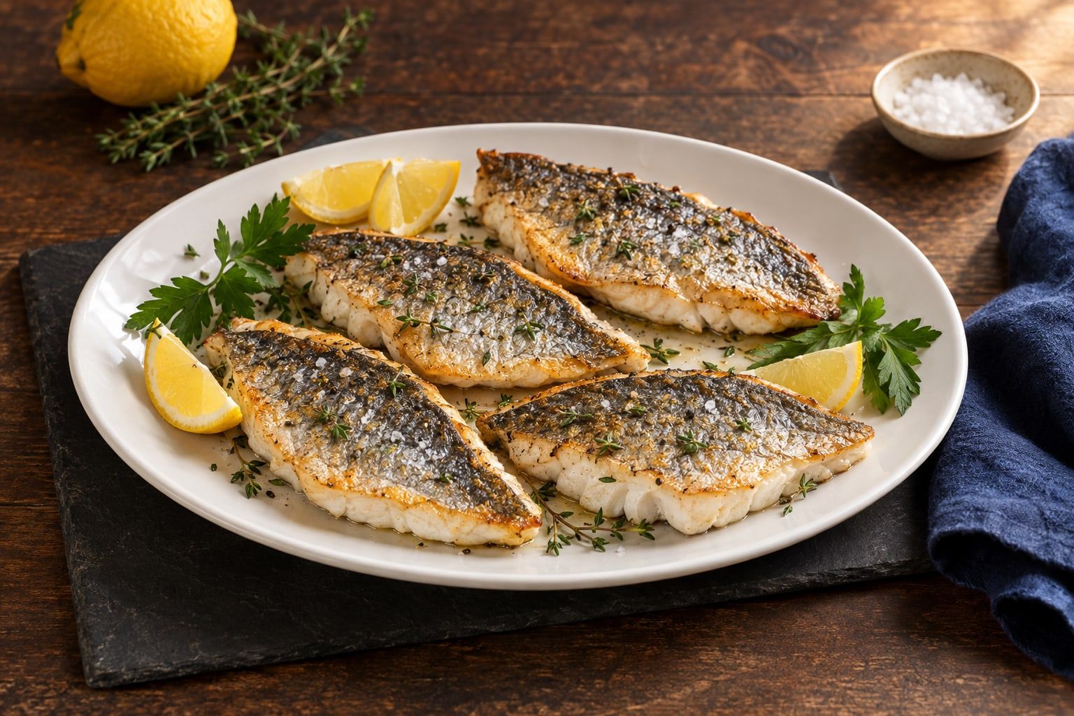 Dorade au air fryer, quatre filets nacrés au thym sur une assiette ovale avec du citron