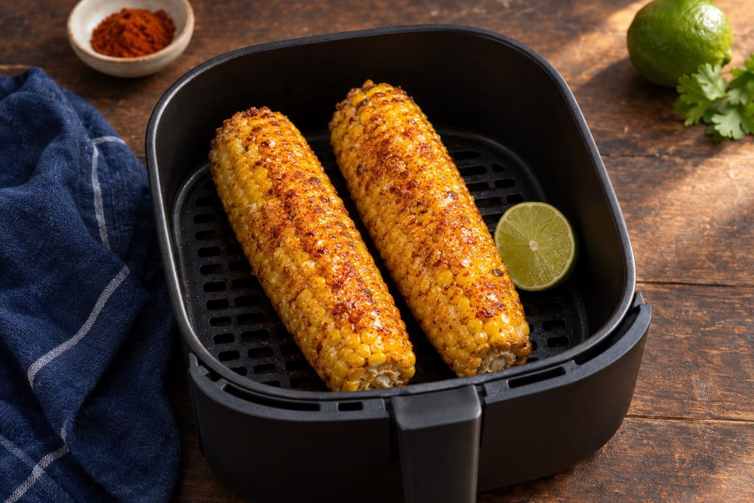 Épis de maïs au air fryer, deux épis dorés au beurre et au paprika dans un panier noir avec un demi-citron vert