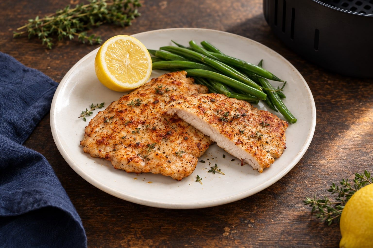 Escalope de dinde au air fryer, deux escalopes dorées au paprika dont une tranchée, avec citron et haricots verts