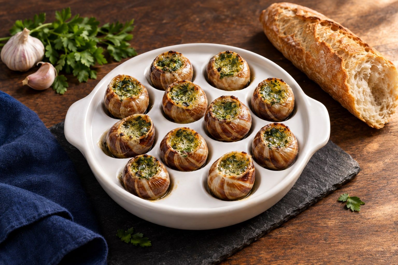 Escargots au air fryer, douzaine en coquilles au beurre persillé dans un plat à alvéoles