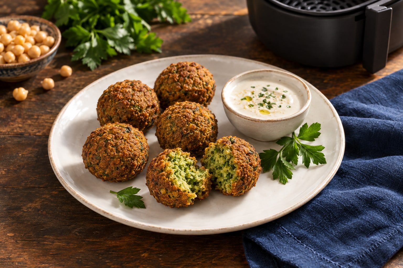 Falafels au air fryer, boulettes dorées dont une ouverte, cœur vert d’herbes, sauce tahini